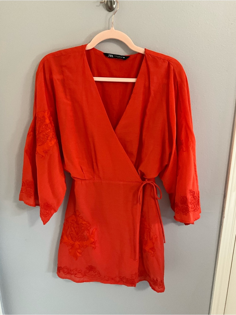 Zara Red Embroidered Faux Wrap Kimono Sleeve Mini Dress